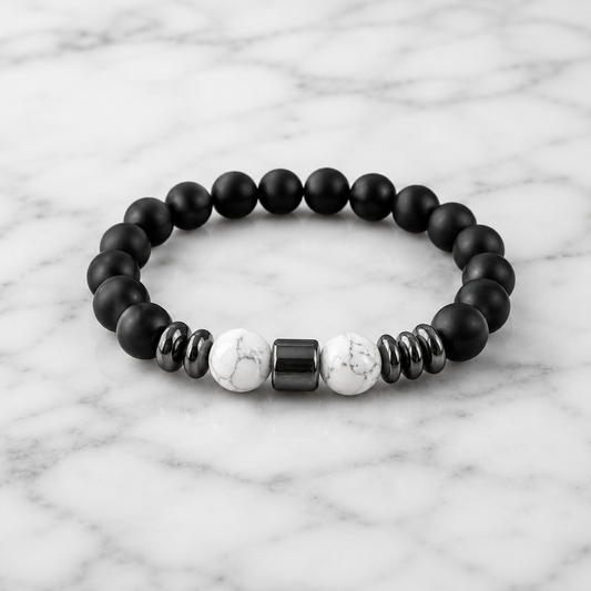 Pulsera KRATOS - Howlita, Onix y Hematita · Autocontrol y Calma ·