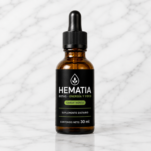 HEMATIA Gotas · Energía y Foco · sabor menta ·