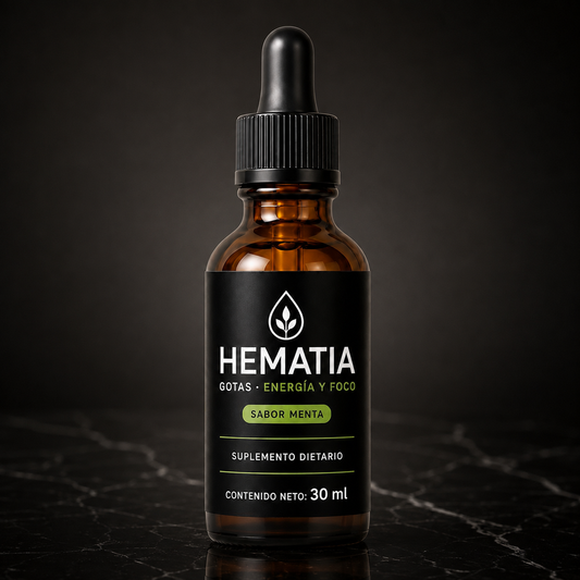 HEMATIA Gotas · Energía y Foco · sabor menta ·
